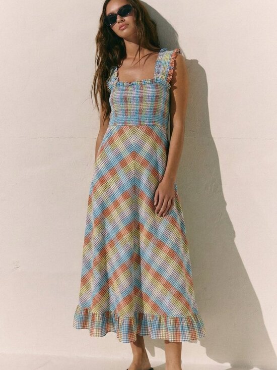 Ganni Dresses & Skirts - 🌈NWT GANNI Multi-Color Seersucker Check Smocked Long Dress Size EU 38, 40 $285